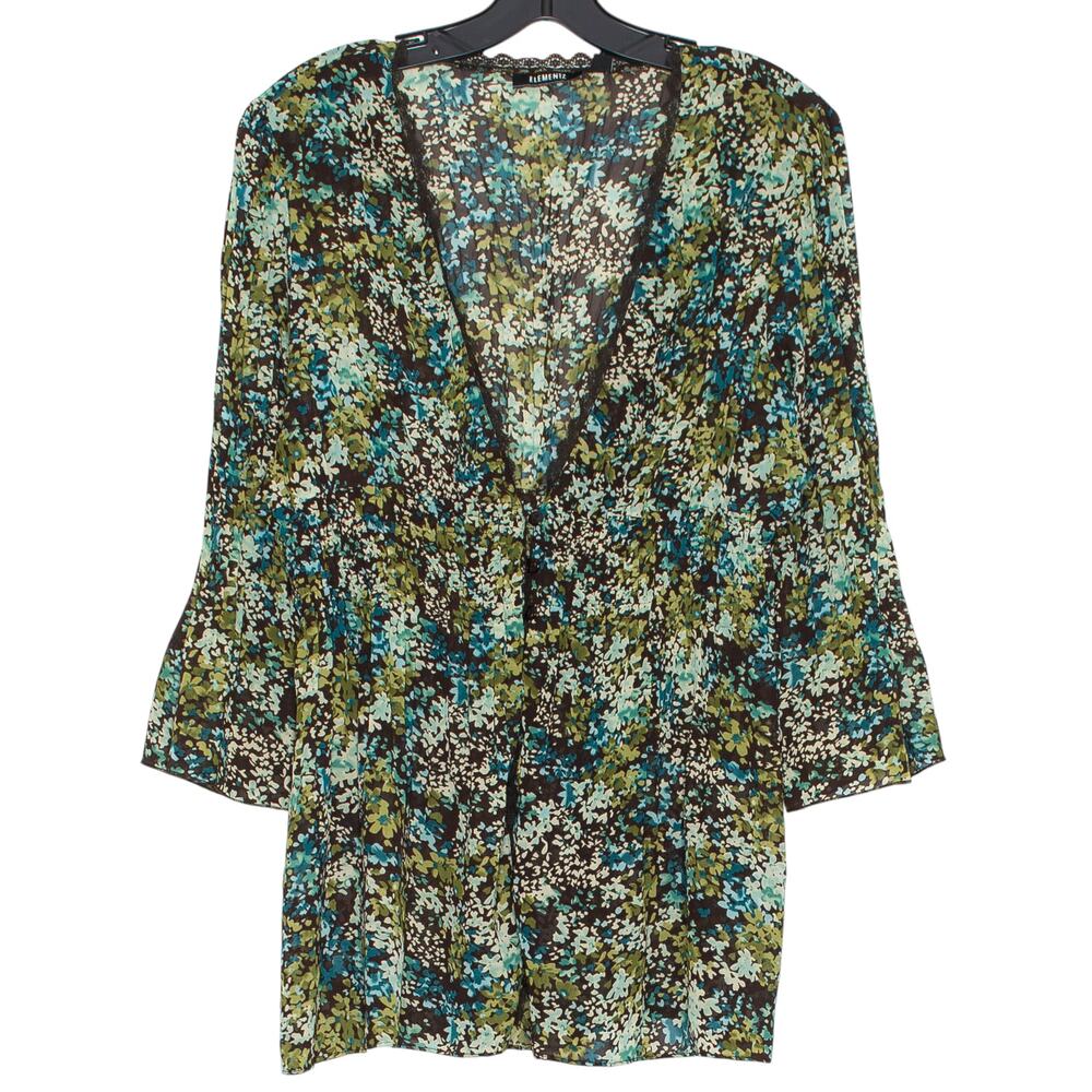 Elementz Top 3/4 Sleeve Sheer Floral Cottage Boho Romantic Fairy Brown Green XL